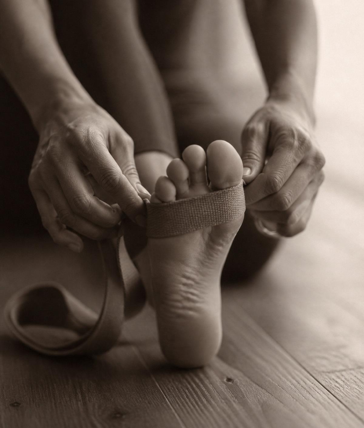 Hands adjusting a yoga strap around a bare foot