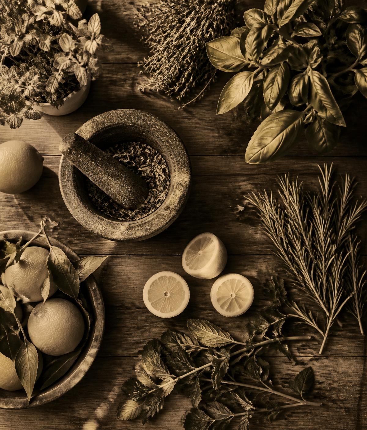 Fresh herbs, citrus, and a mortar and pestle on a wooden table