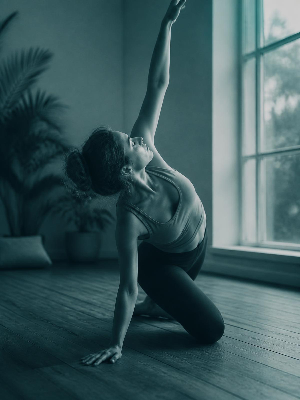 A woman mid yoga reach beside a large window in soft morning light