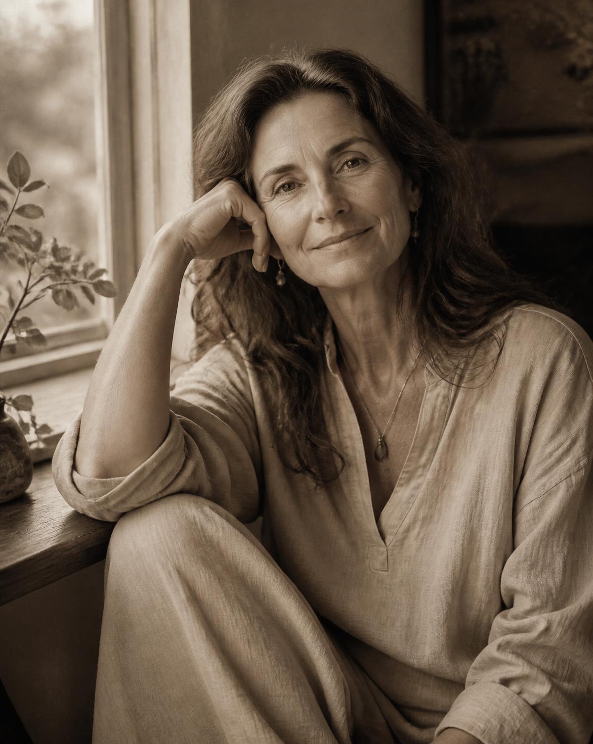 Portrait of Elena Marsh in linen clothing, seated by a window in natural light